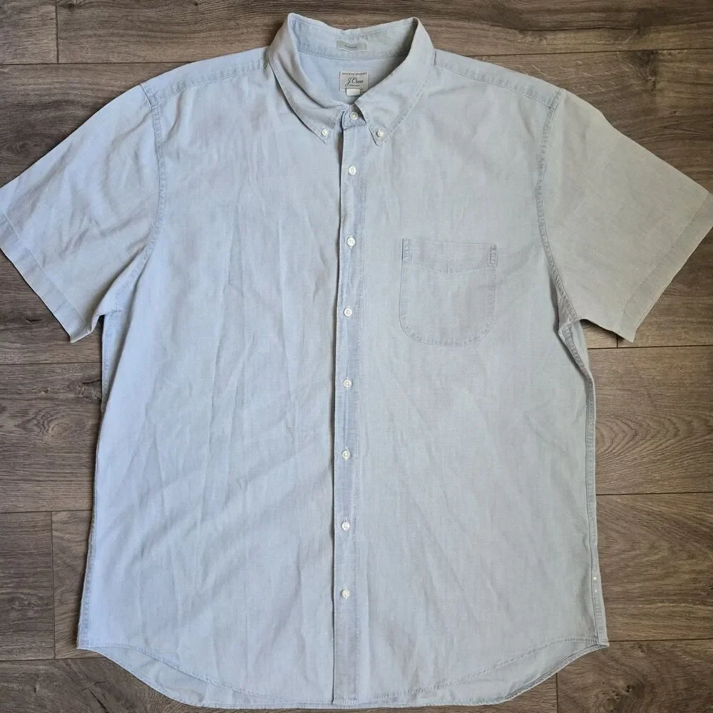 J.Crew Organic Cotton Button Up Shirt Mens XXLT Light Blue Short Sleeve Classic